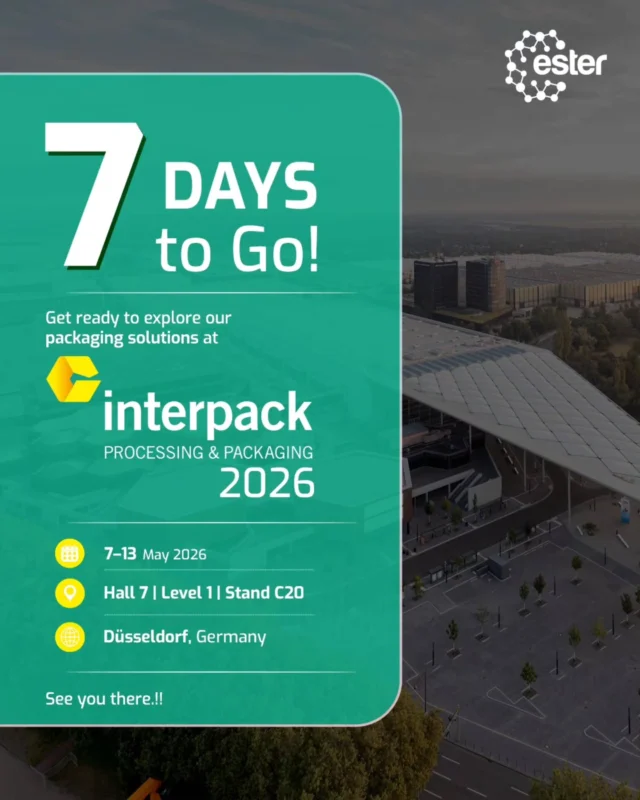 The countdown has begun! Only 7 days until we meet at Interpack 2026. 

Come visit us at Hall 7 | Level 1 | Stand C20 to discover how Ester Industries is driving innovation, sustainability, and performance in packaging. 

We look forward to connecting with you! 

#Interpack2026 #Countdown #PackagingInnovation #EsterIndustries