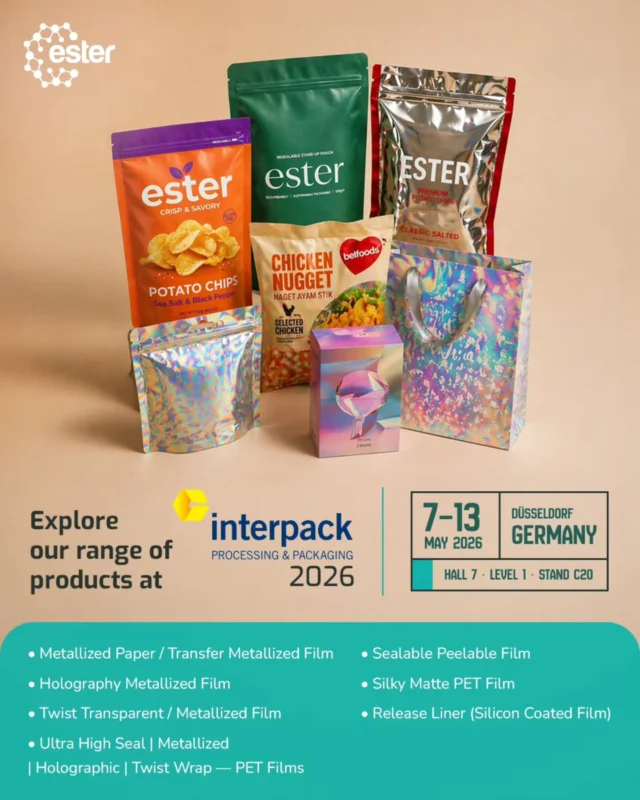 We’re excited to showcase our diverse range of high-performance packaging solutions at Interpack 2026 in Düsseldorf, Germany! 

Visit us at Hall 7 | Level 1 | Stand C20 to explore innovative solutions like Ultra High Seal PET Films, Holographic & Metallized Films, Silky Matte PET Films, and more.

Our products are designed to meet the growing demands for advanced packaging solutions that are both high-quality and sustainable.

Join us from 7 - 13 May 2026 and discover how Ester can help enhance your packaging capabilities.

#Interpack2026 #PackagingInnovation #EsterIndustries #PackagingExcellence