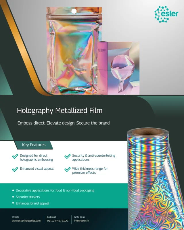 Great packaging doesn't just protect - it captivates. 

Our Holography Metallized Film is where science meets visual artistry. Designed for direct holographic embossing, it brings stunning visual effects to both food and non-food packaging, while doubling up as a powerful security and anti-counterfeiting solution. From decorative pouches to security stickers, it's the film that makes brands impossible to ignore - and impossible to fake. 

Emboss direct. Elevate design. Secure the brand. 

Catch us at Interpack 2026 - Hall 7, Level 1, Stand C20. Meet the team and discover how our holographic films can elevate your brand packaging. 

#Interpack2026 #EsterIndustries #HolographyFilm #MetallizedFilm #BrandProtection #PackagingDesign #AntiCounterfeiting