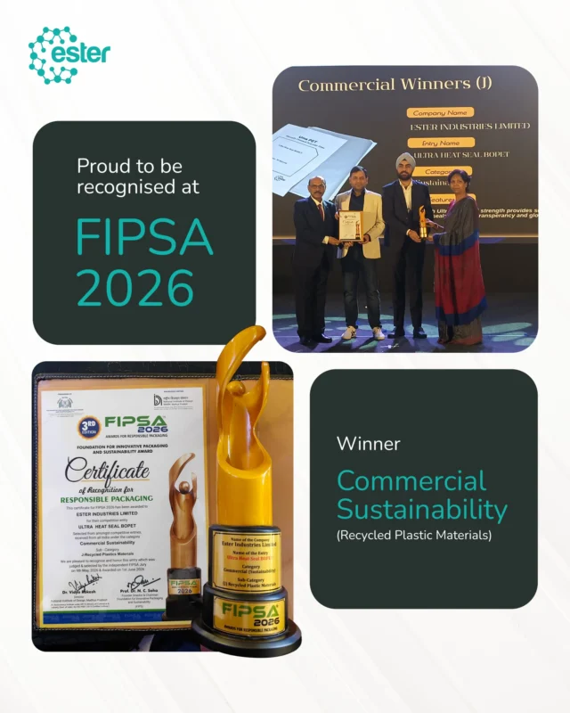 Proud to share that Ester Industries Limited has been recognised at FIPSA 2026 for Responsible Packaging for our Ultra Heat Seal BOPET, winning in the Commercial Sustainability category (Recycled Plastic Materials sub-category).

The awards were organised by the Foundation for Innovative Packaging & Sustainability (FIPS), with the National Institute of Design, Madhya Pradesh - an autonomous institute under DPIIT, Ministry of Commerce & Industry, Govt. of India - as Knowledge Partner. 

This recognition validates the path we've chosen: building high-performance packaging films with recycled content, at commercial scale, for a sustainable future.

Explore our PCR & Sustainable Films. Link in bio. 

#Sustainability #CircularEconomy #RecycledPlastic #rPET #SustainablePackaging #BOPET #EsterIndustries