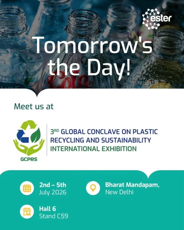 We're one night away! The Ester team is packed, prepped, and absolutely ready for GCPRS 2026, India's biggest stage for plastics recycling and sustainability. 

Tomorrow, we open our doors at Bharat Mandapam, New Delhi, and we can't wait to meet you all, partners, customers, changemakers, and everyone in between who's passionate about where recycling and sustainability are headed. 

See you on the floor! 

📅 2nd–5th July 2026 | Bharat Mandapam, New Delhi 

#GCPRS2026 #EsterIndustries #PlasticsRecycling #rPET #SustainableFilms