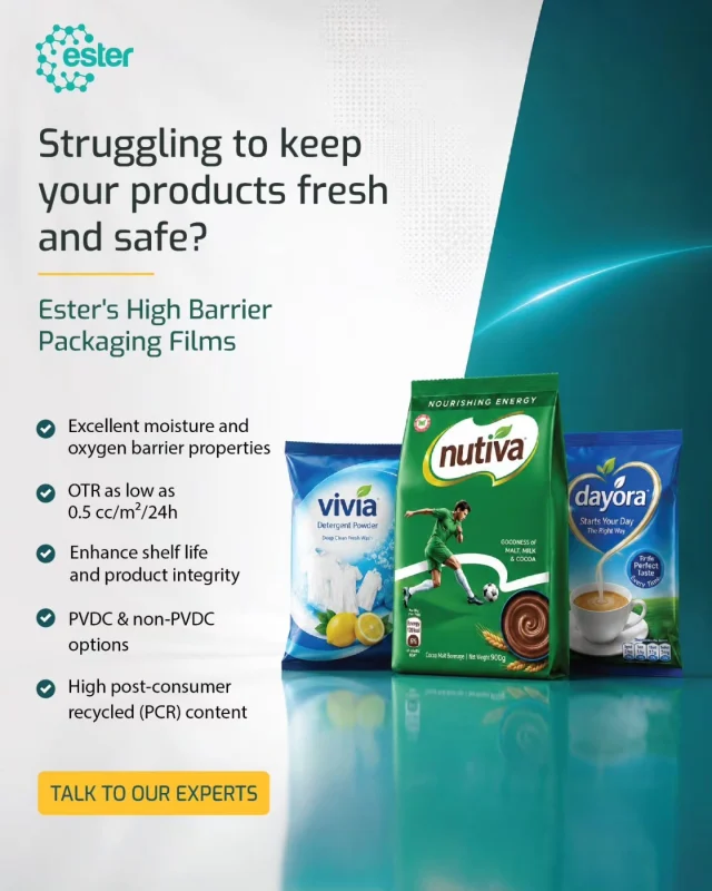 As packaging regulations evolve, manufacturers need solutions that protect products, extend shelf life, and meet sustainability goals. 

Ester’s High-Barrier Packaging Films are engineered to help brands stay compliant, improve durability, and reduce environmental impact, making packaging smarter, safer, and more reliable.

Learn more. Link in bio.

#SustainablePackaging #PackagingInnovation #PolyesterFilms