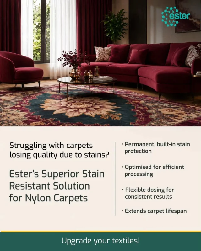 For carpet and textile manufacturers, maintaining quality and durability is key to customer satisfaction and operational efficiency. 

Unlike topical solutions that are sprayed on top, Ester's patented stain resistance is built directly into the fibre, not just applied to the surface. This supports long-lasting, high-quality products while streamlining production processes.

Learn more. Link in bio.

 #TextileInnovation #StainResistance